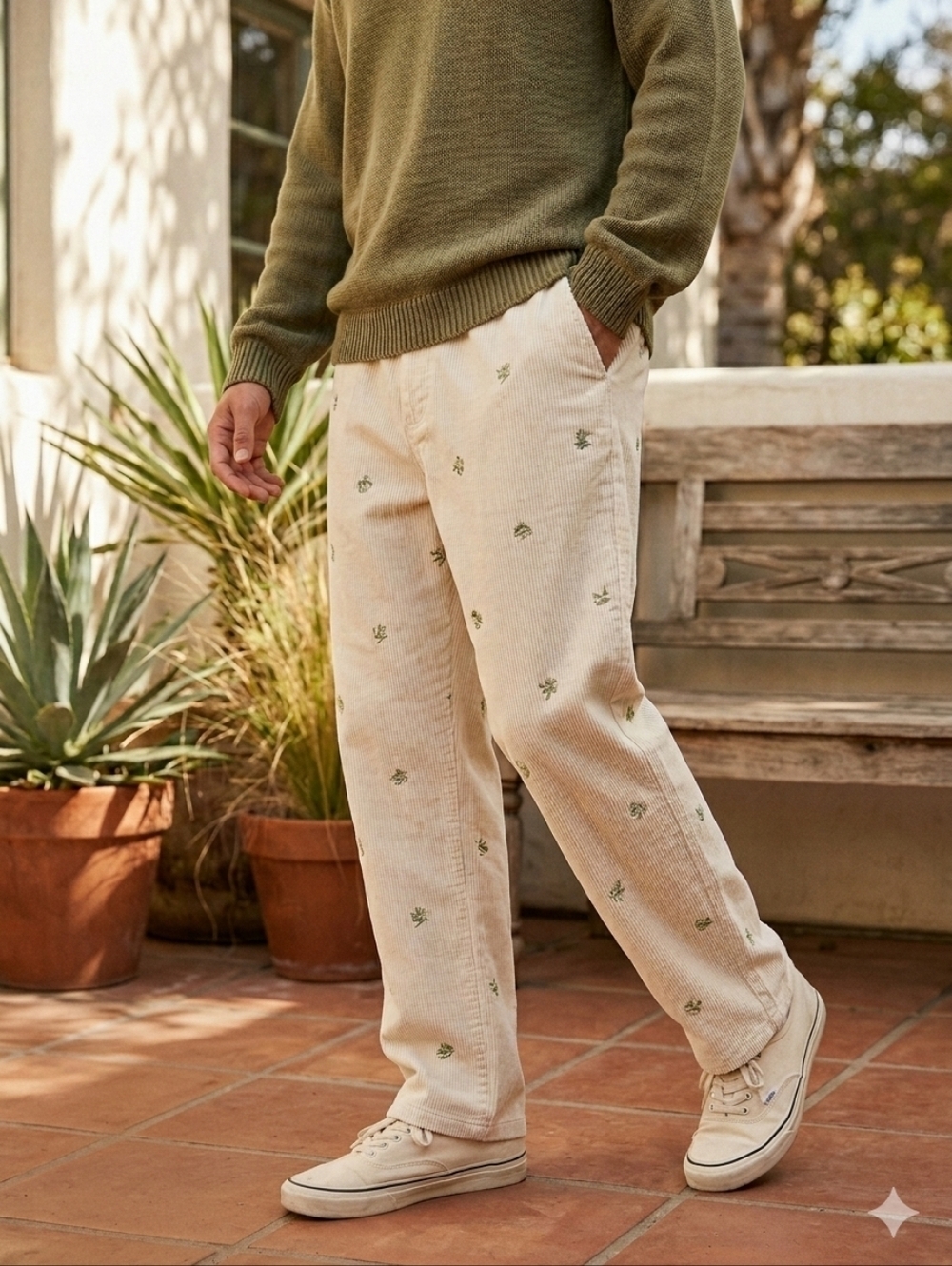 Urban Outfitters Embroidered Corduroy Beach Pant Cream/Green, Men's Medium
